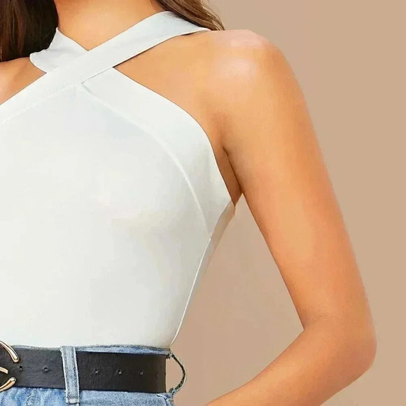 White Casual Women's Form-Fitting Crisscross Halter Top - Picture 5 of 6